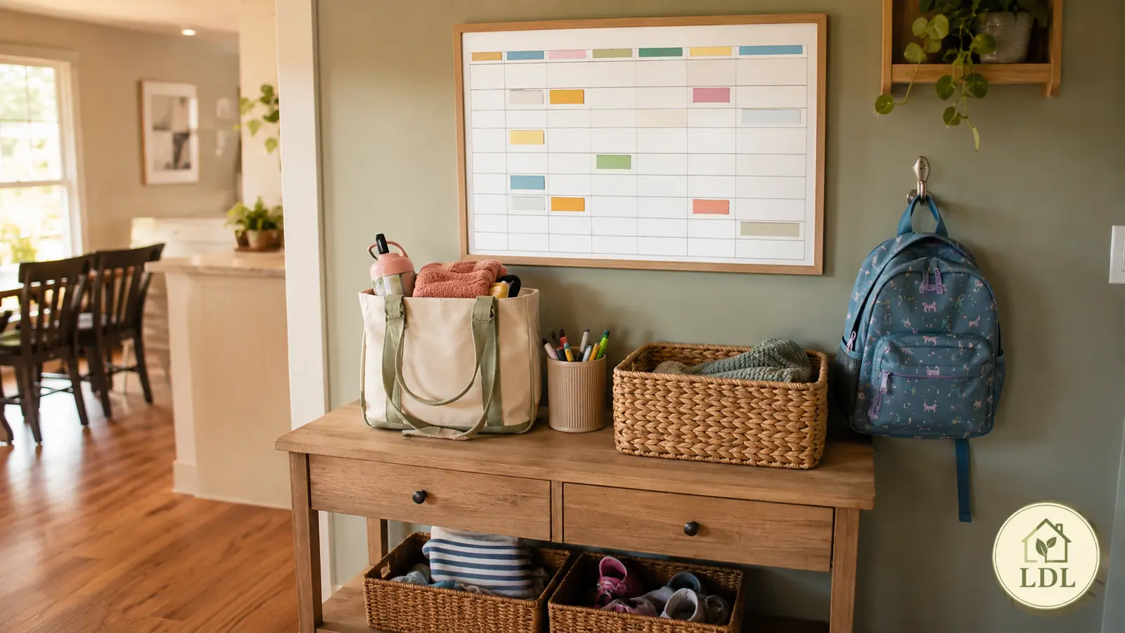 A family command station with a calendar, outing tote, return basket and child backpack.