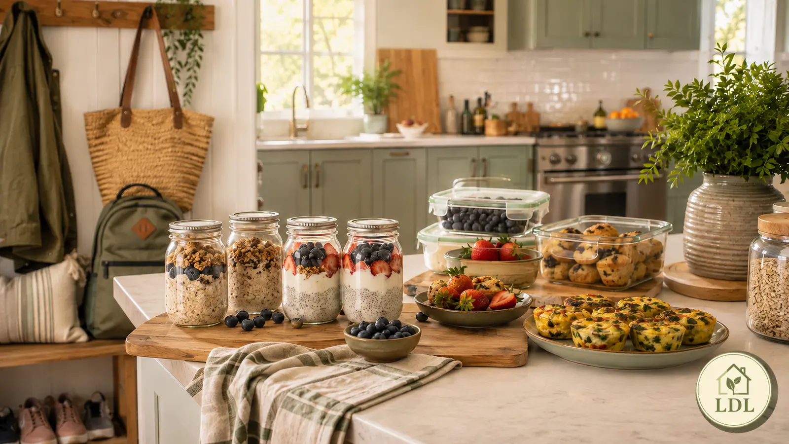 A bright kitchen counter prepared with simple make-ahead breakfasts and snacks.