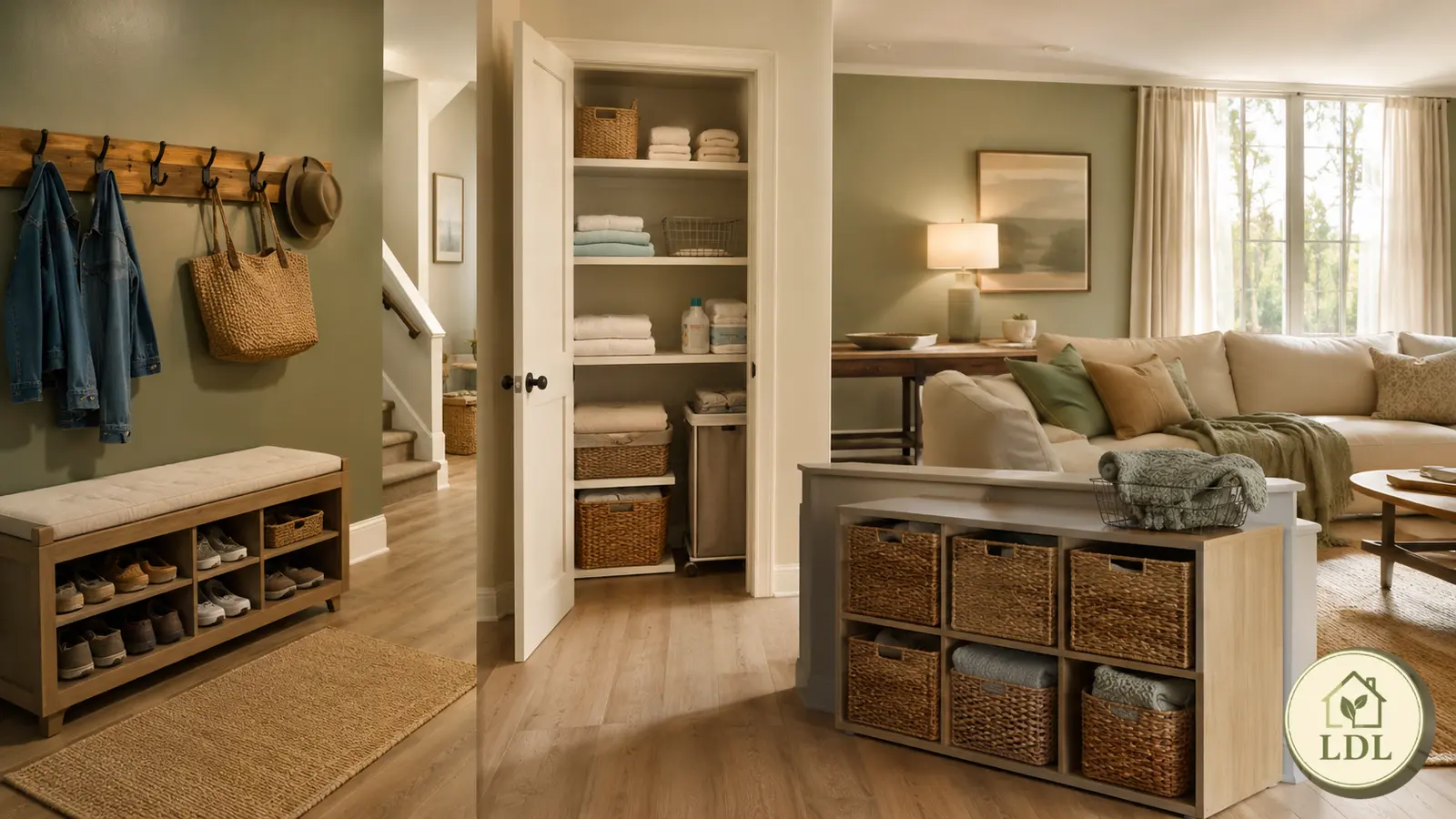 An entryway, linen cupboard and living room using distinct everyday storage systems.