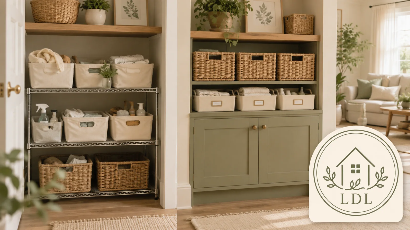 A small room using tall shelving, wall storage and baskets to make use of vertical space.