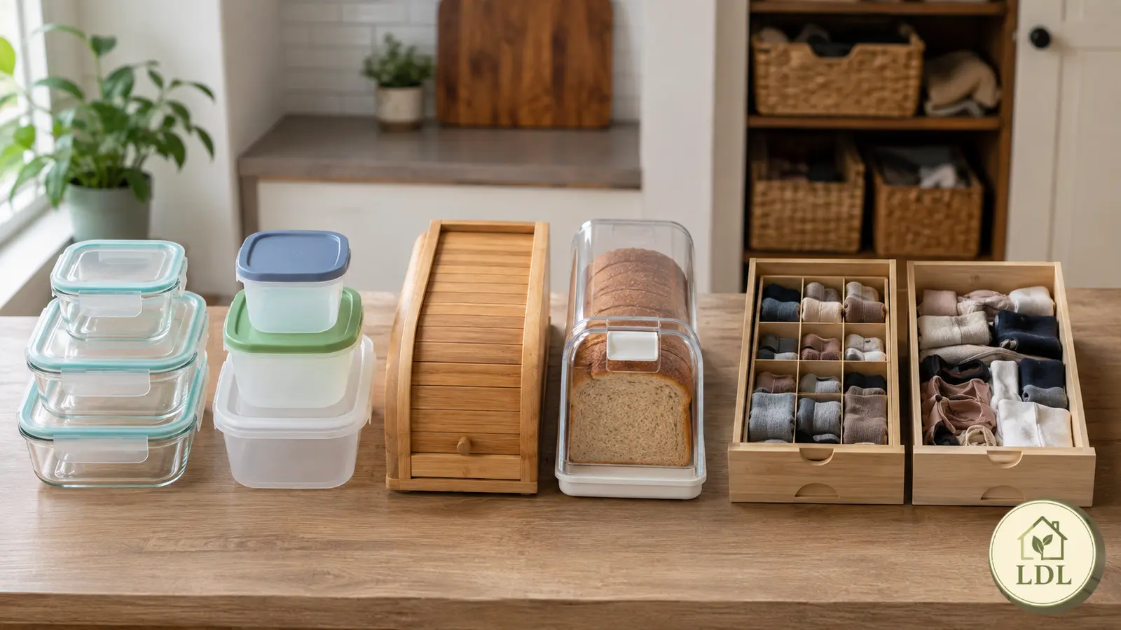 Food containers, bread storage and drawer organizers arranged as side-by-side choices.