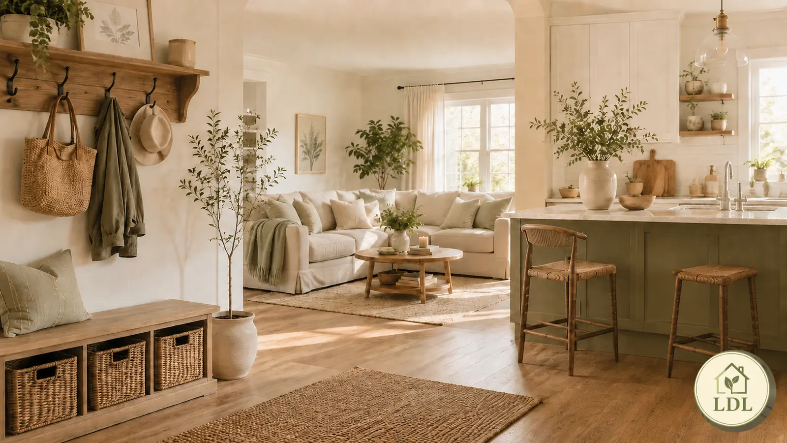 A warm, organized open-plan home with an entryway, living room and kitchen.