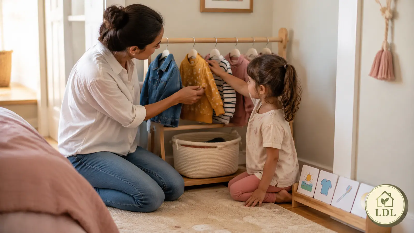 A parent and child using a low child-accessible getting-ready station.