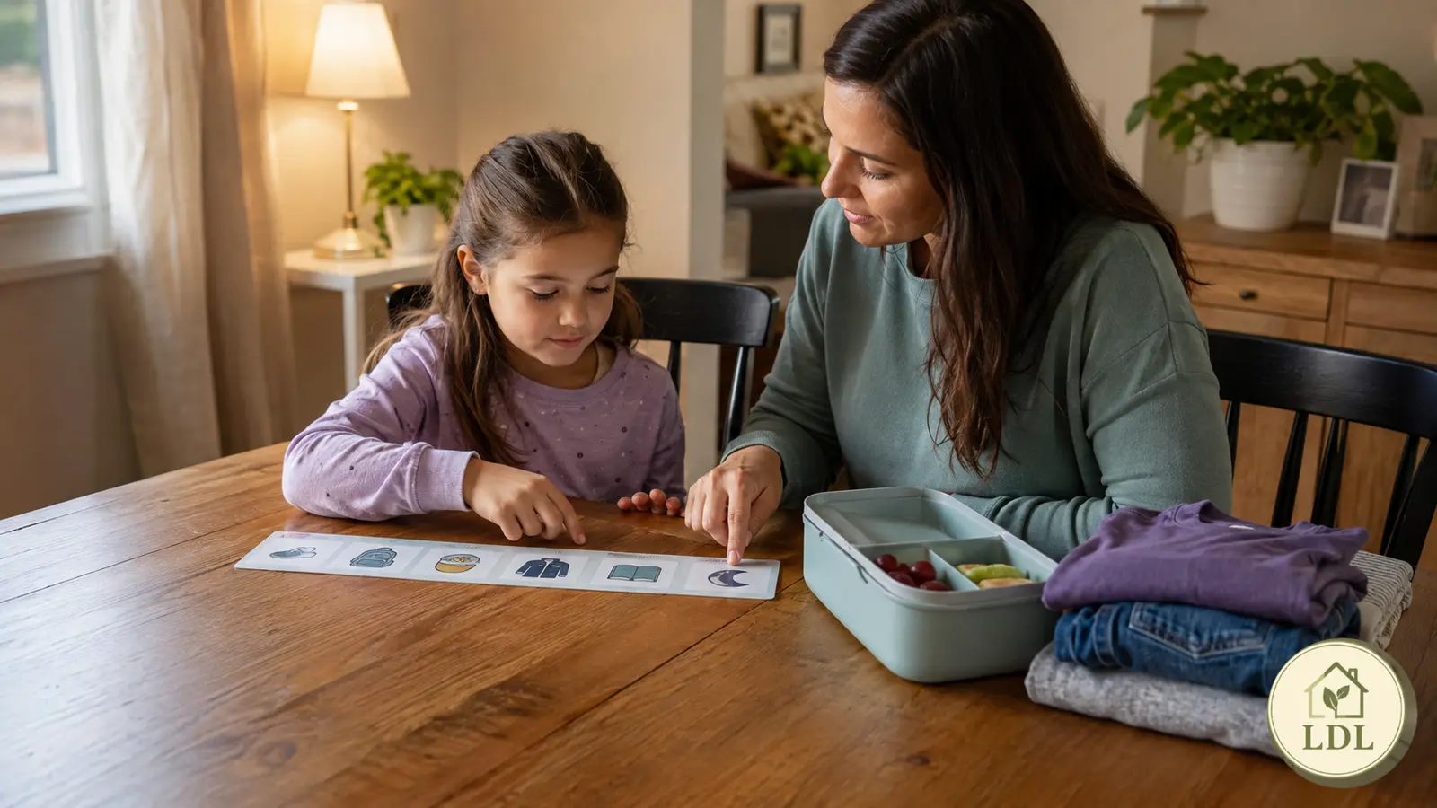 A parent and child preparing a visual routine, lunchbox and clothes for the next day.