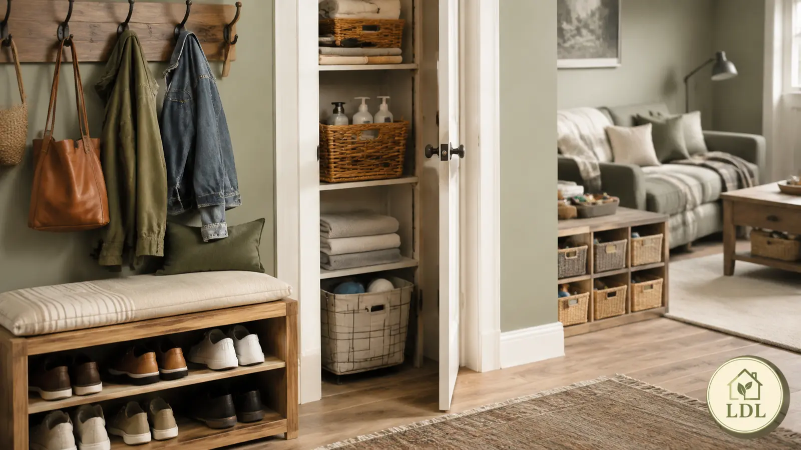 An entryway, utility cupboard and living area using practical everyday storage systems.